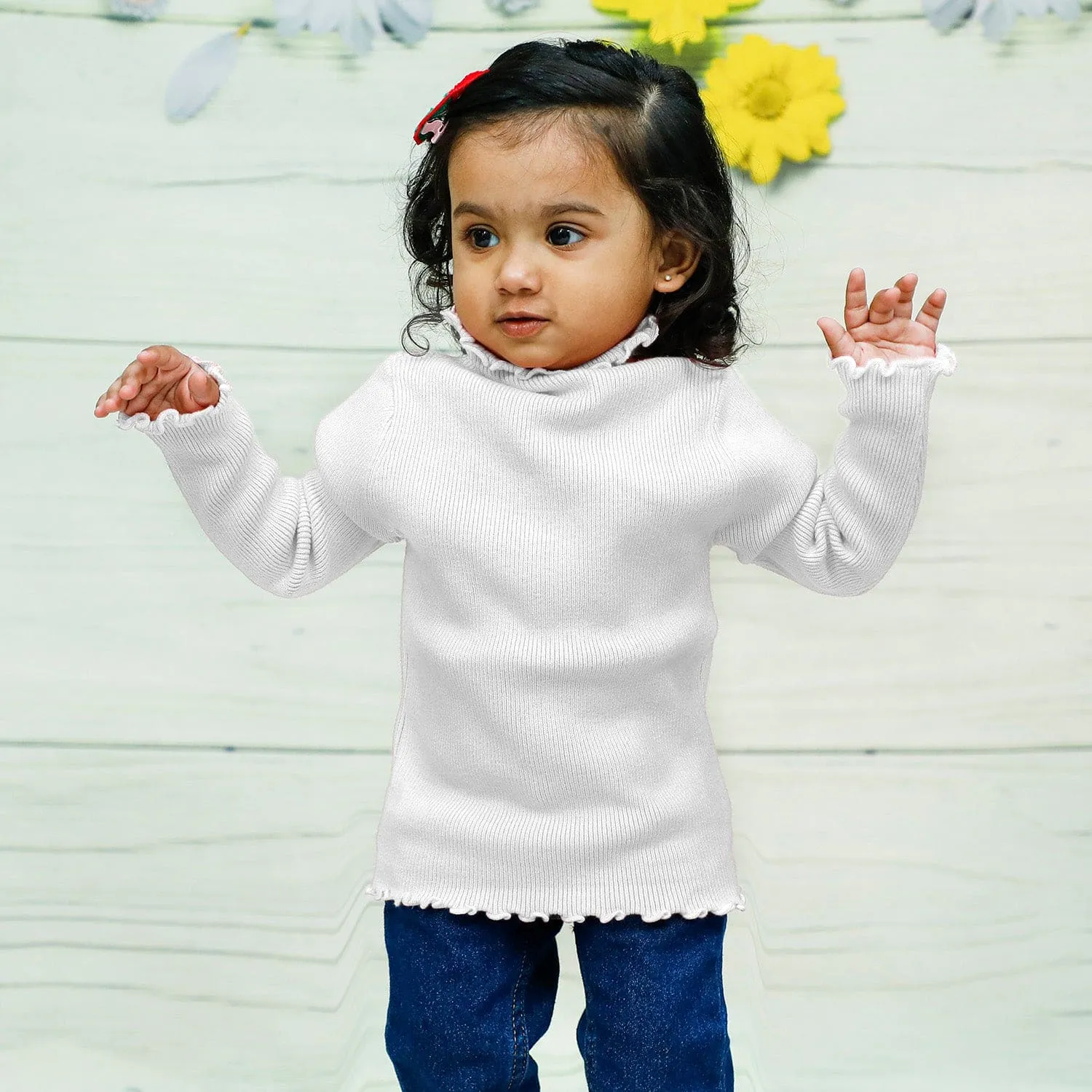 Basic Ribbed Premium Full Sleeves Knitted Kids Sweater - White