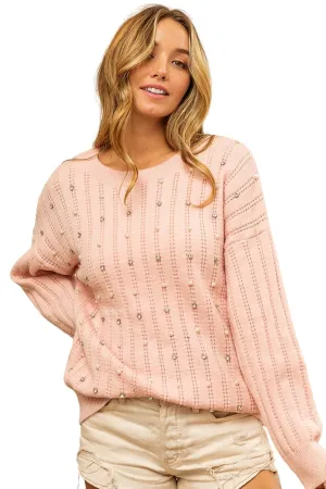 BiBi Pearl & Rhinestone Decor Long Sleeve Sweater in Blush