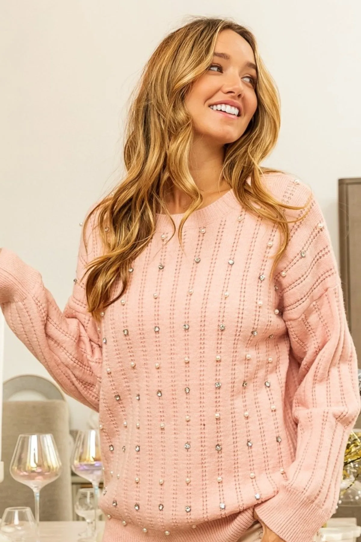 BiBi Pearl & Rhinestone Decor Long Sleeve Sweater in Blush