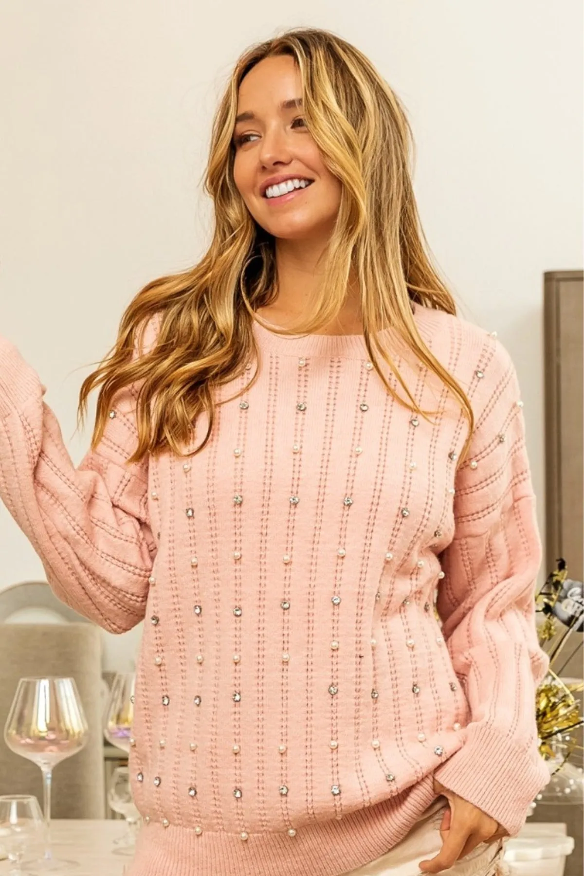 BiBi Pearl & Rhinestone Decor Long Sleeve Sweater in Blush