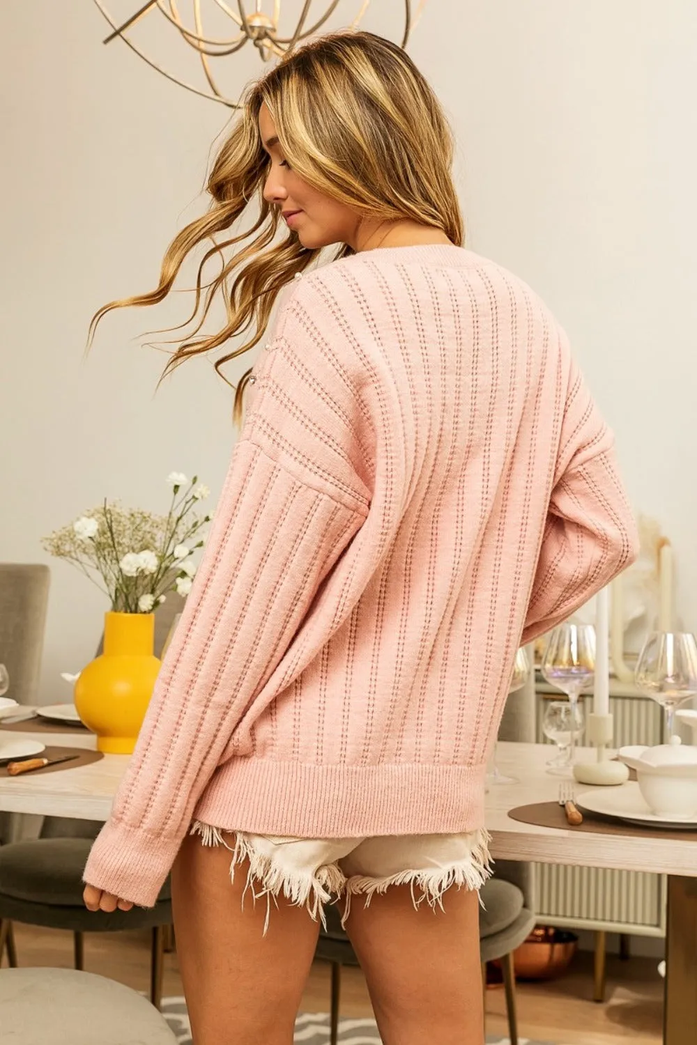 BiBi Pearl & Rhinestone Decor Long Sleeve Sweater in Blush