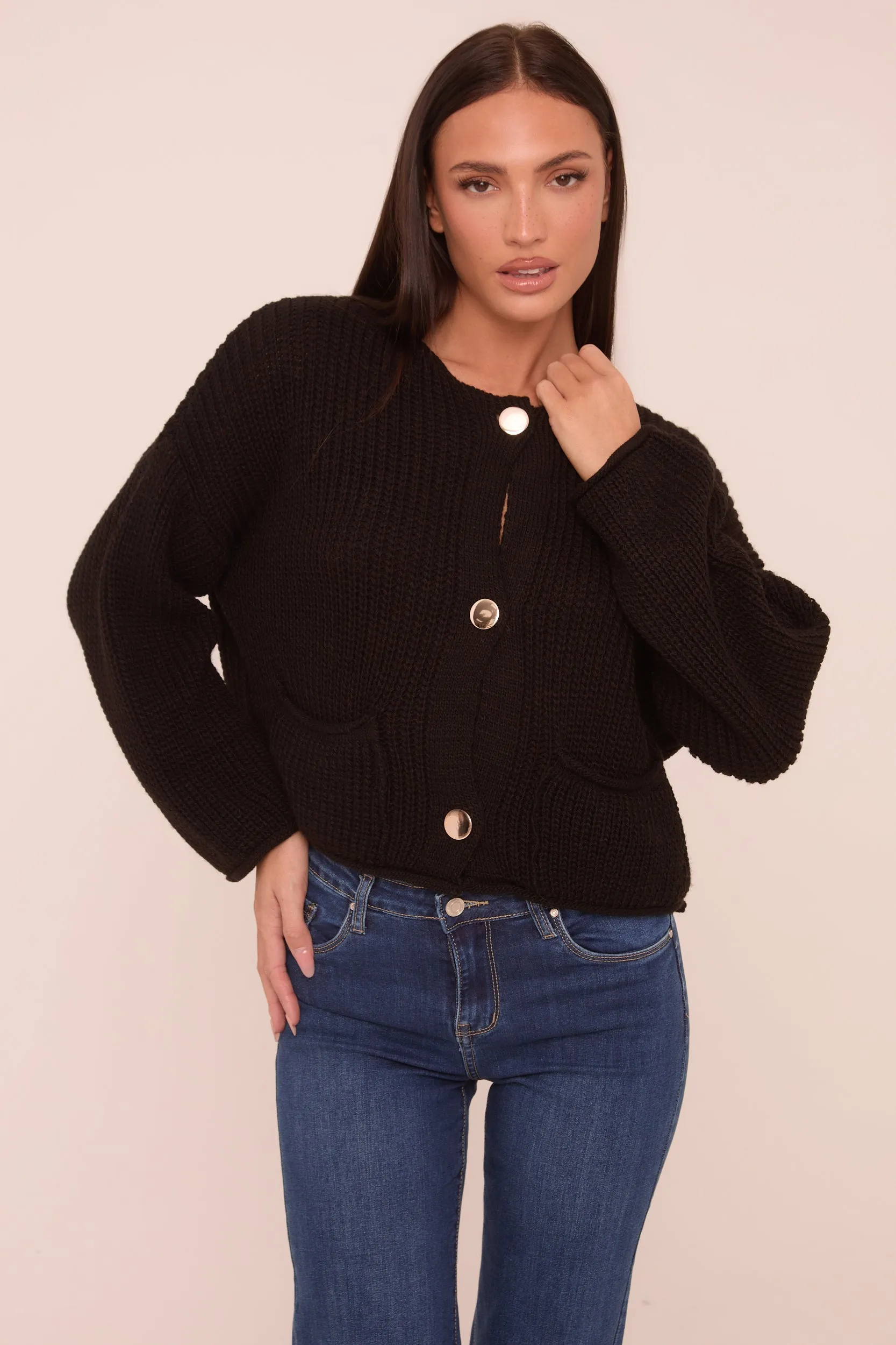 Black Knit Round Neck Long Sleeves Cardigan - Edna