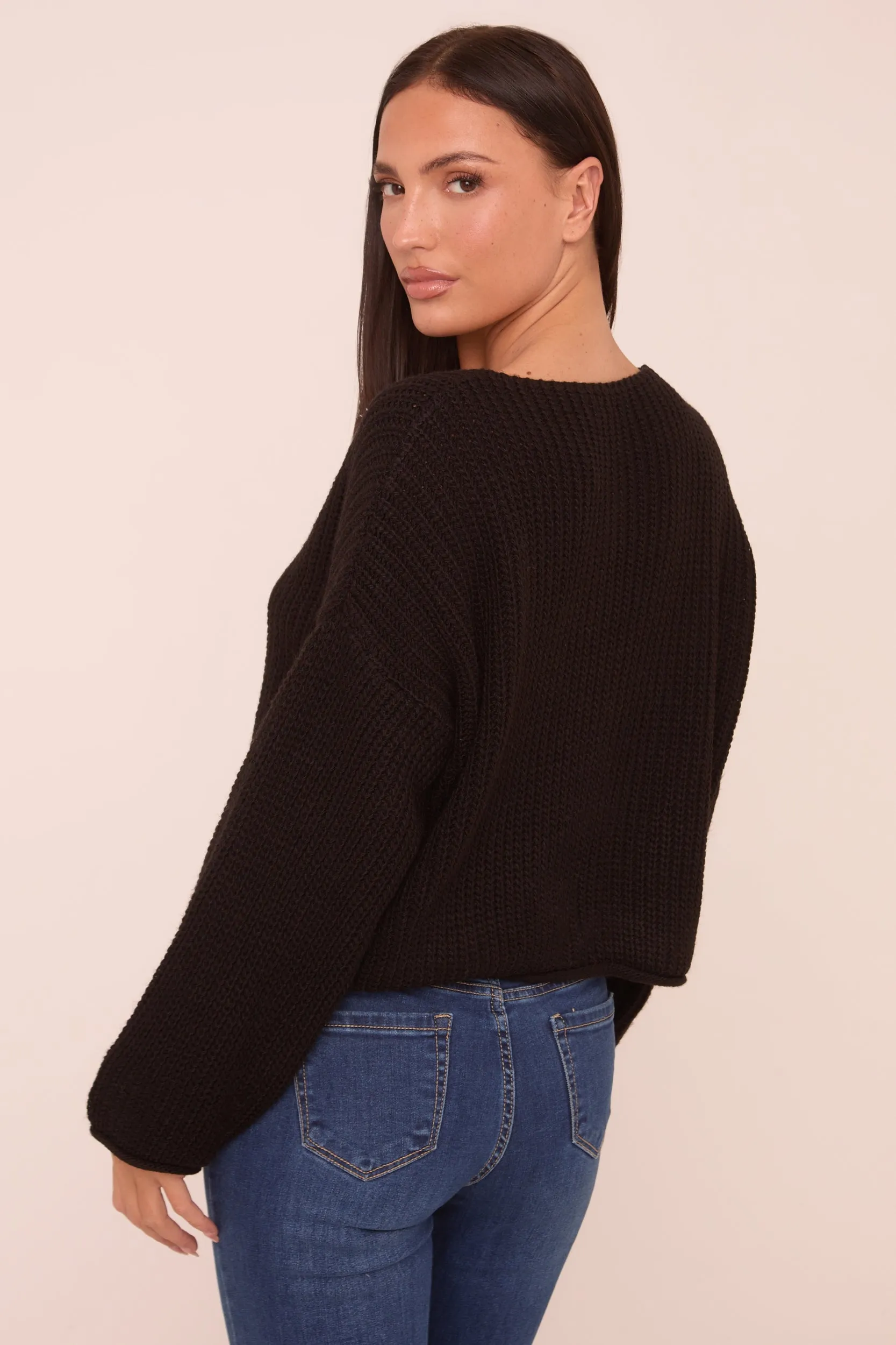 Black Knit Round Neck Long Sleeves Cardigan - Edna