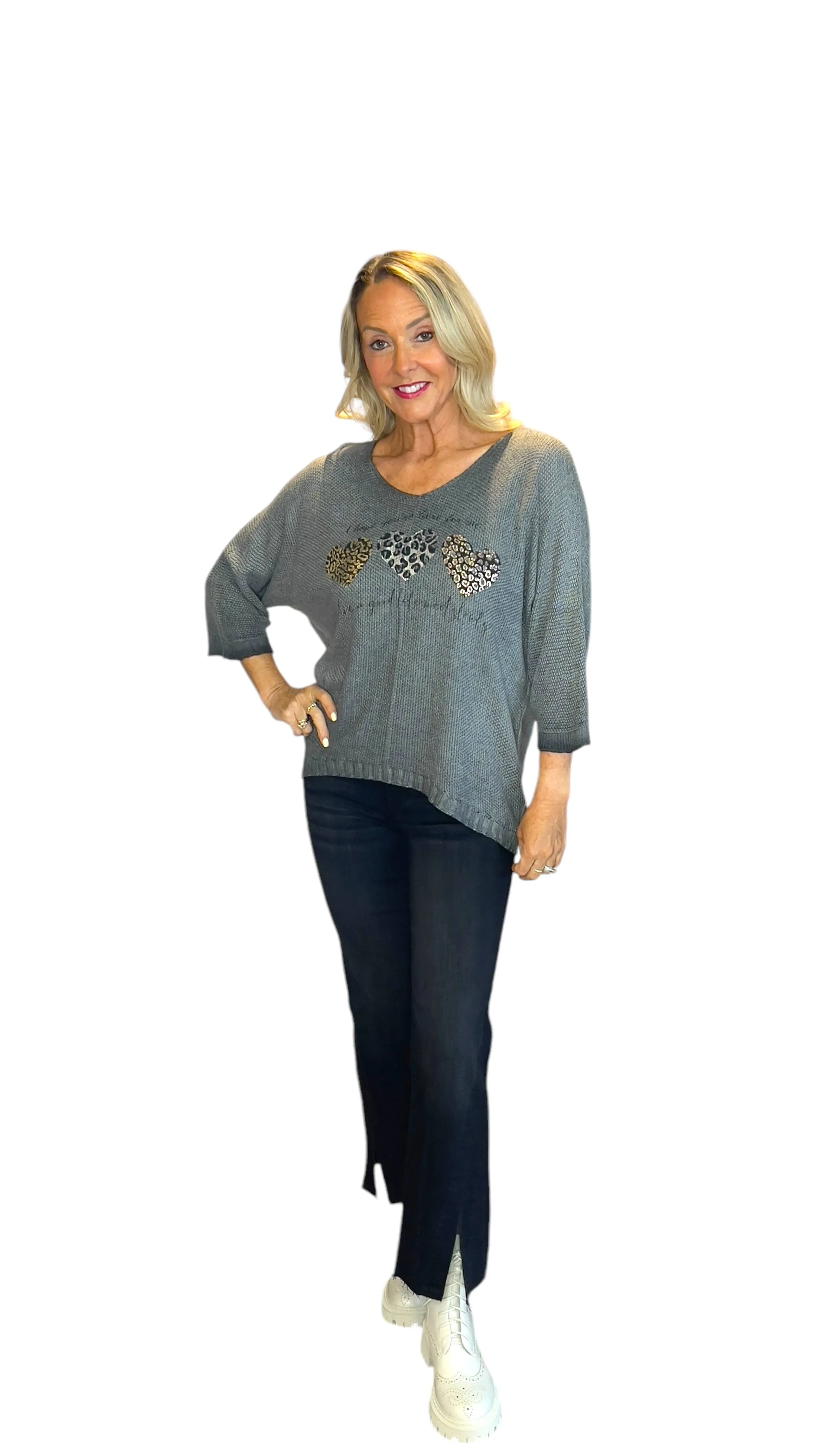 CHARCOAL METALLIC HEART LEOPARD LOOSE OPEN KNIT SWEATER