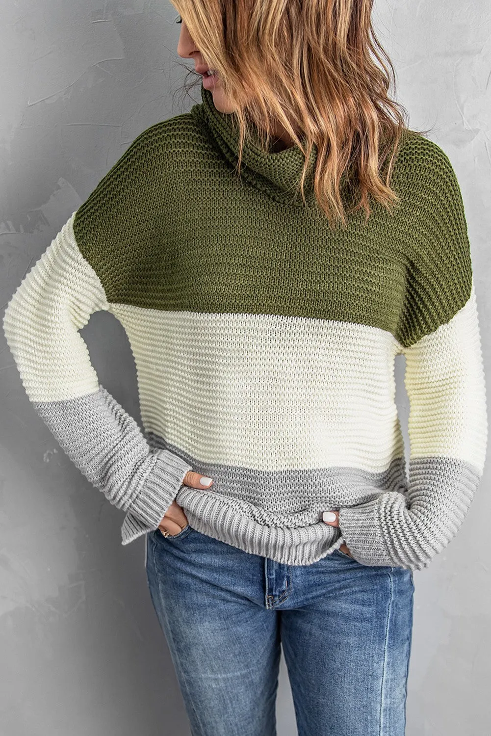 Color Block Knitted Pullover Cowl Neck Sweater for Women