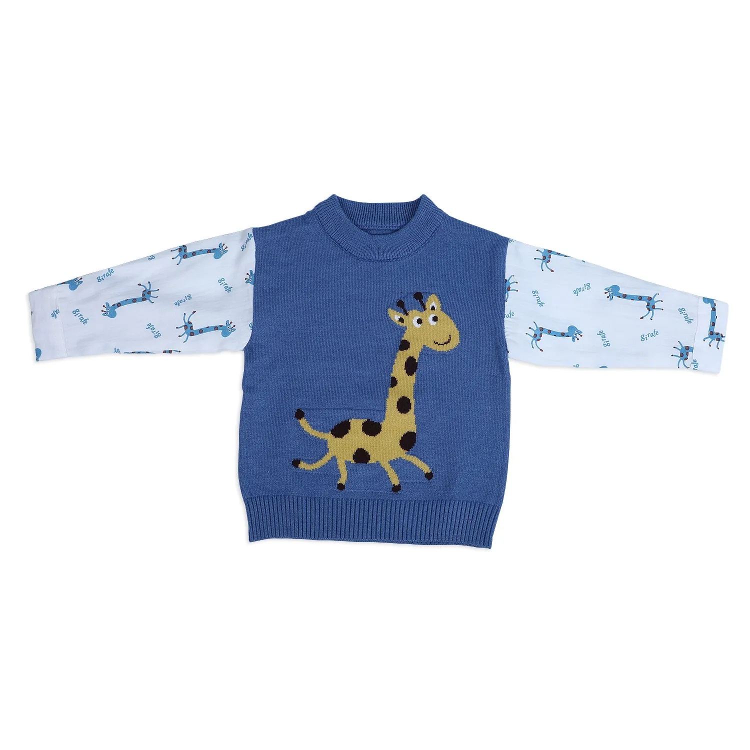 Cute Giraffe Premium Full Sleeves Knitted Sweater - Blue And White