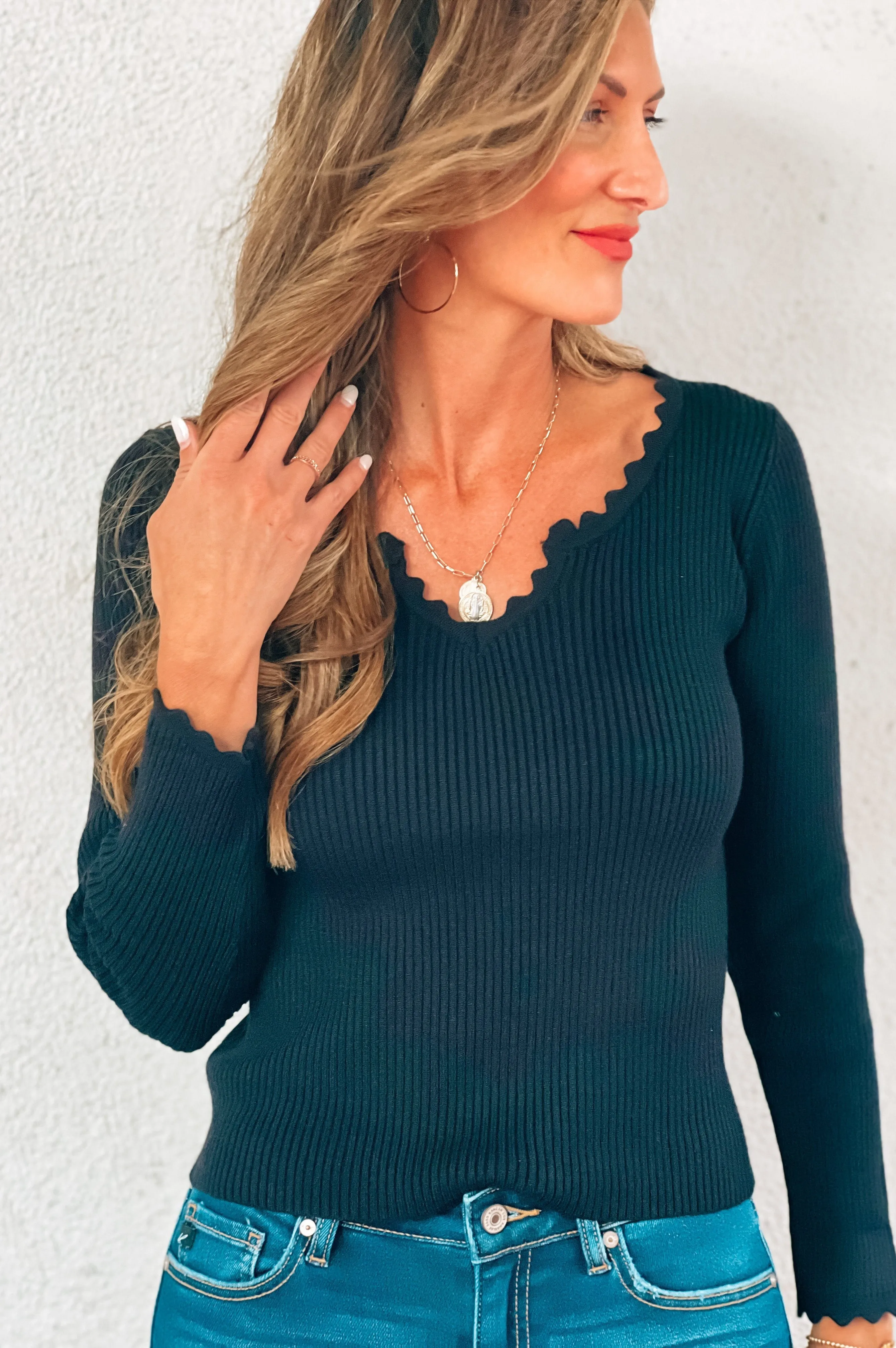 Date Night Scalloped Sweater Black