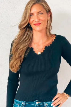 Date Night Scalloped Sweater Black