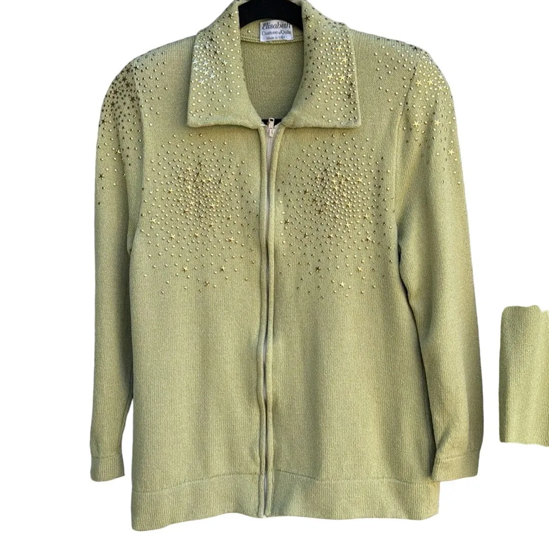 Elisabeth Custom Knits Light Green Sweater Set With Gold Star Embellishments - M