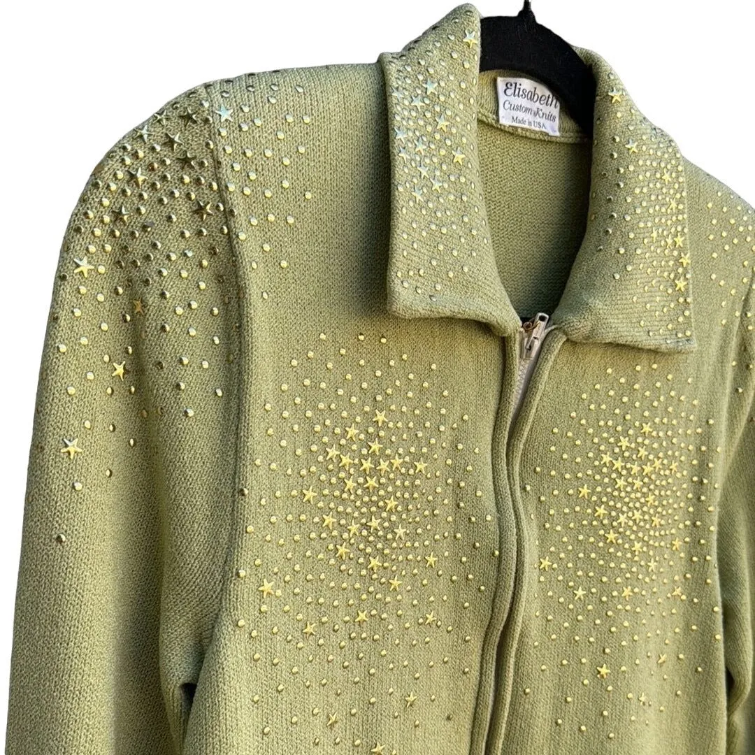 Elisabeth Custom Knits Light Green Sweater Set With Gold Star Embellishments - M