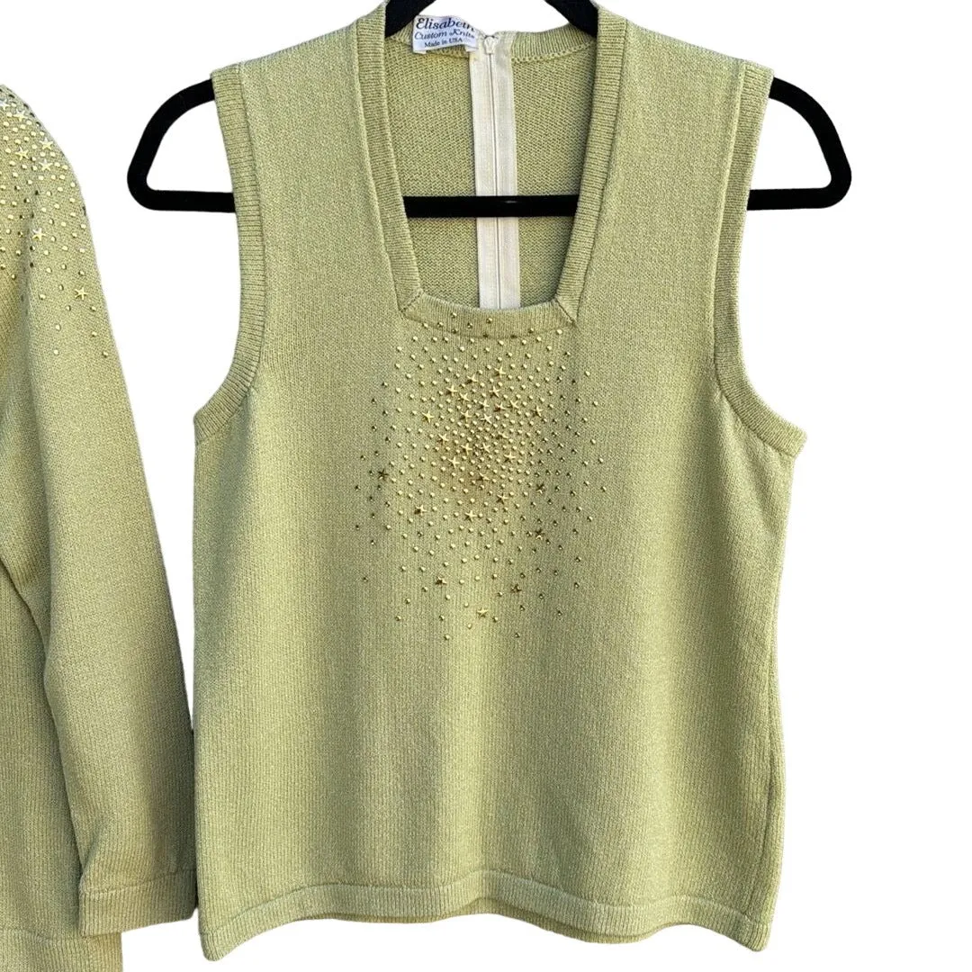 Elisabeth Custom Knits Light Green Sweater Set With Gold Star Embellishments - M