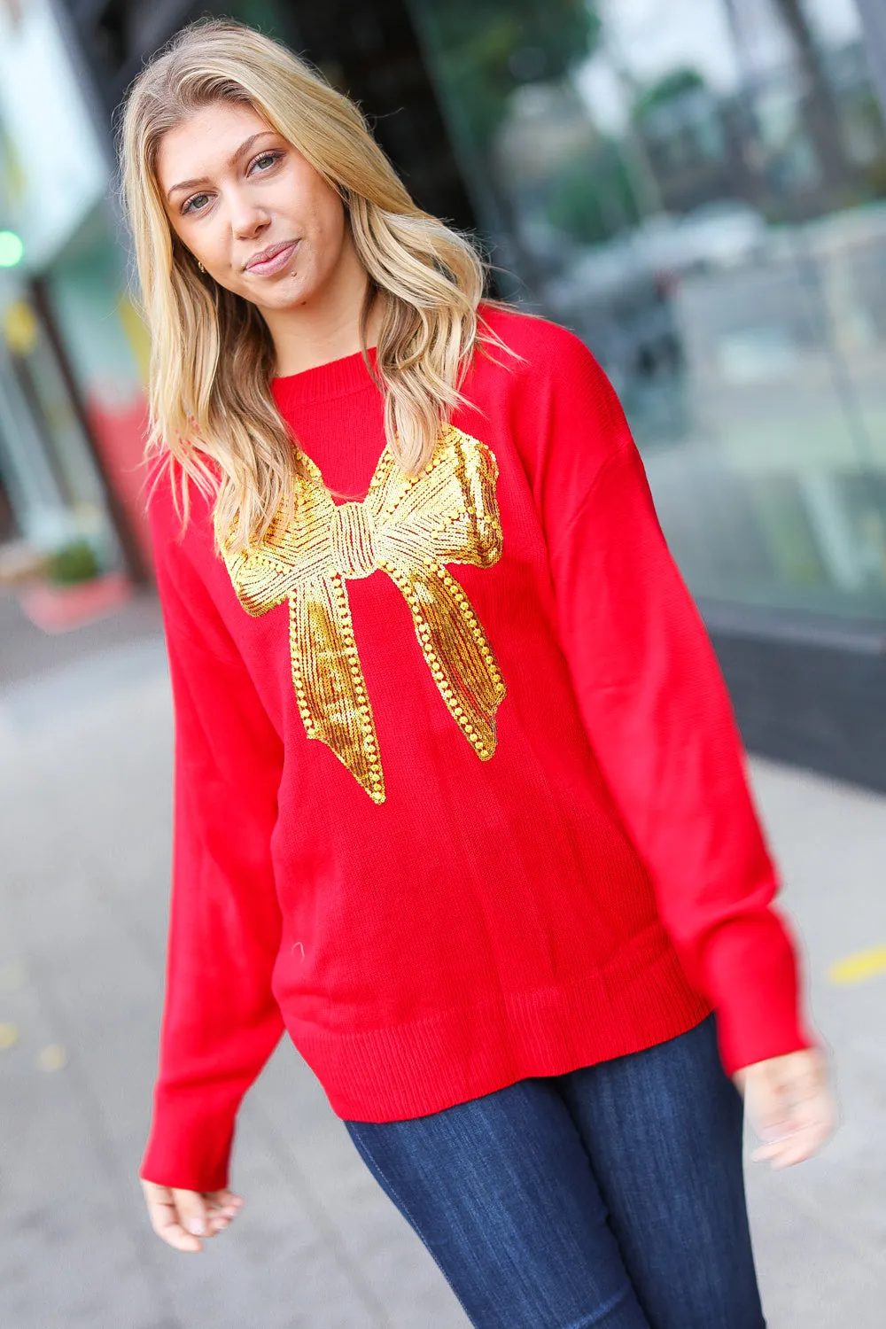 Explore More Collection - All I Want Red Sequin Bow Embroidery Knit Sweater