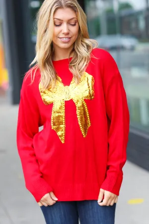 Explore More Collection - All I Want Red Sequin Bow Embroidery Knit Sweater