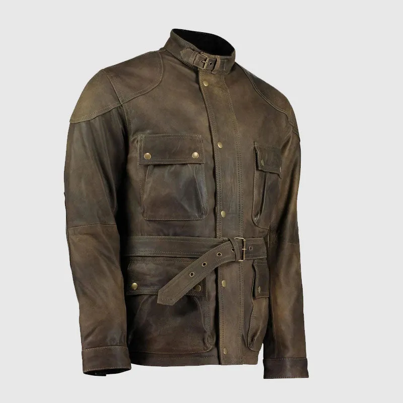 New High quality Mens Olive Green Benjamin Button Biker Vintage Leather Jacket Motorcycle