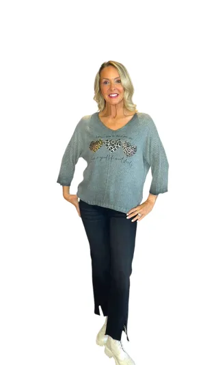 SAGE GREEN METALLIC HEART LEOPARD LOOSE OPEN KNIT SWEATER