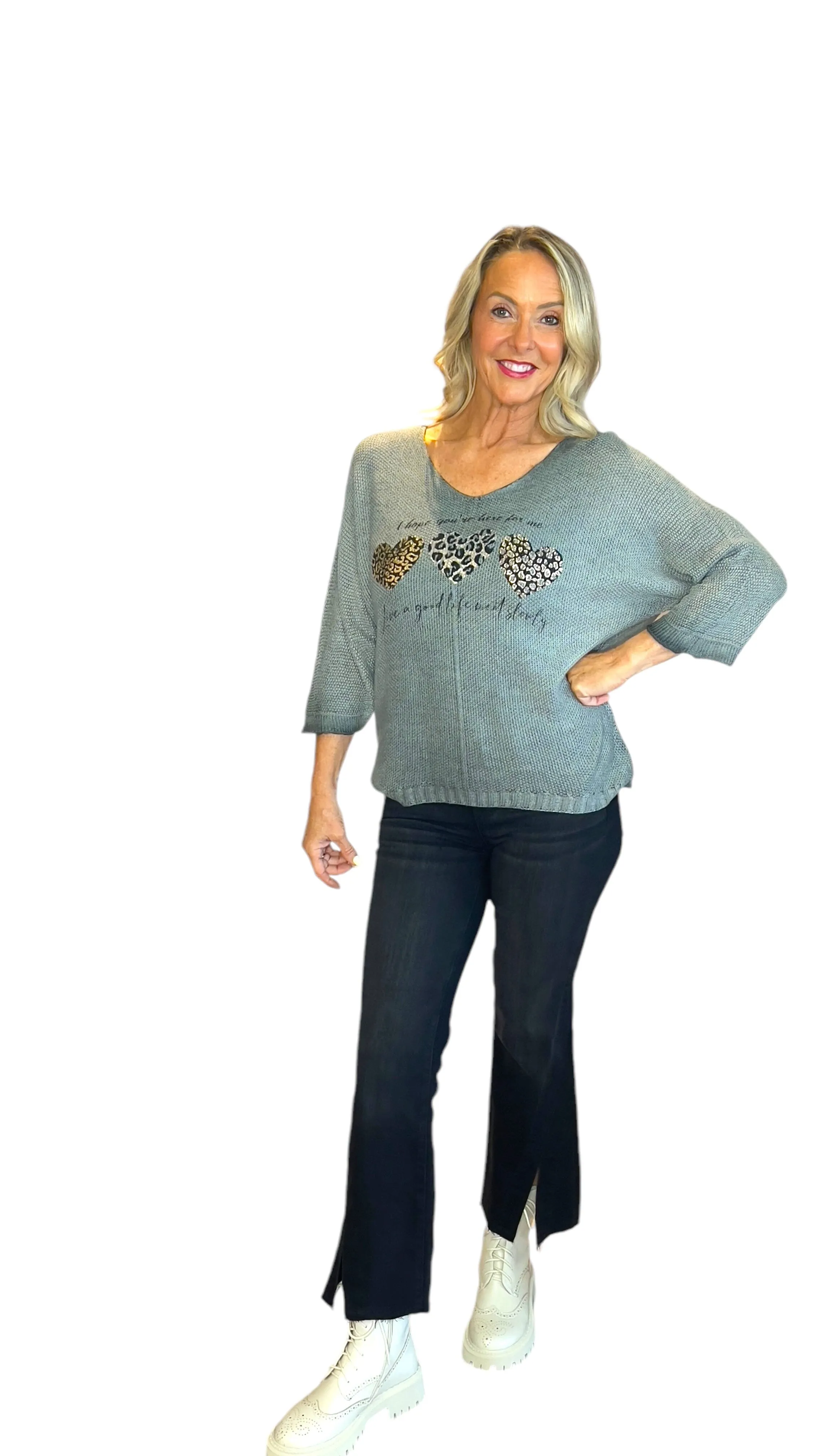 SAGE GREEN METALLIC HEART LEOPARD LOOSE OPEN KNIT SWEATER