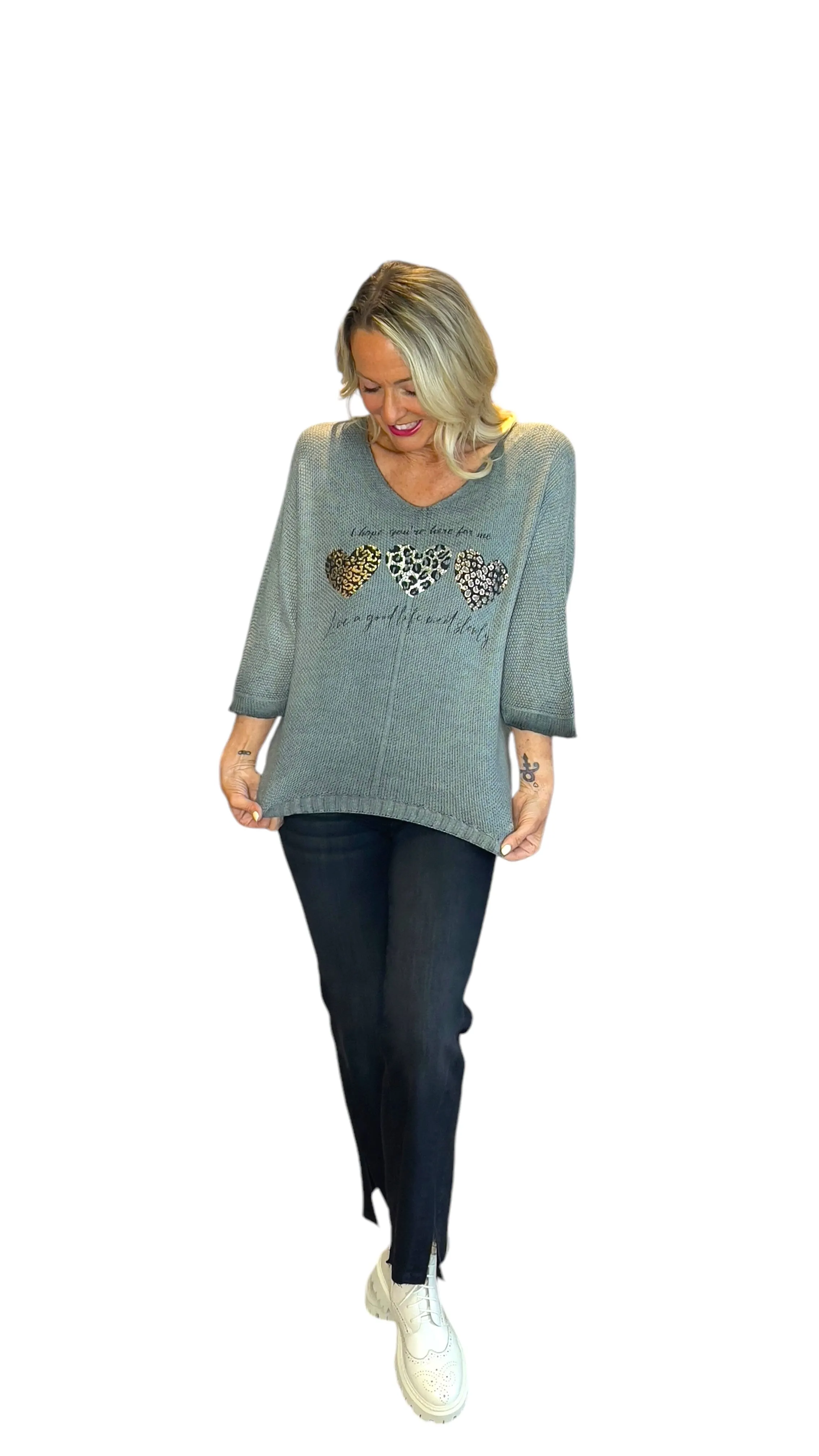 SAGE GREEN METALLIC HEART LEOPARD LOOSE OPEN KNIT SWEATER