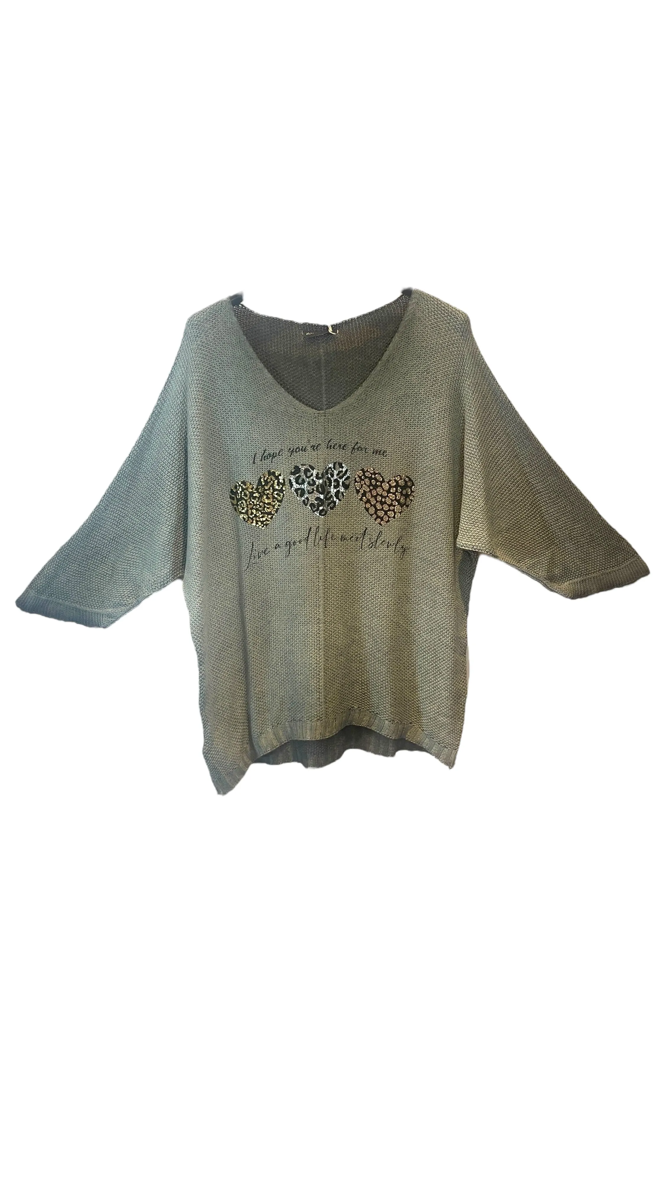 SAGE GREEN METALLIC HEART LEOPARD LOOSE OPEN KNIT SWEATER