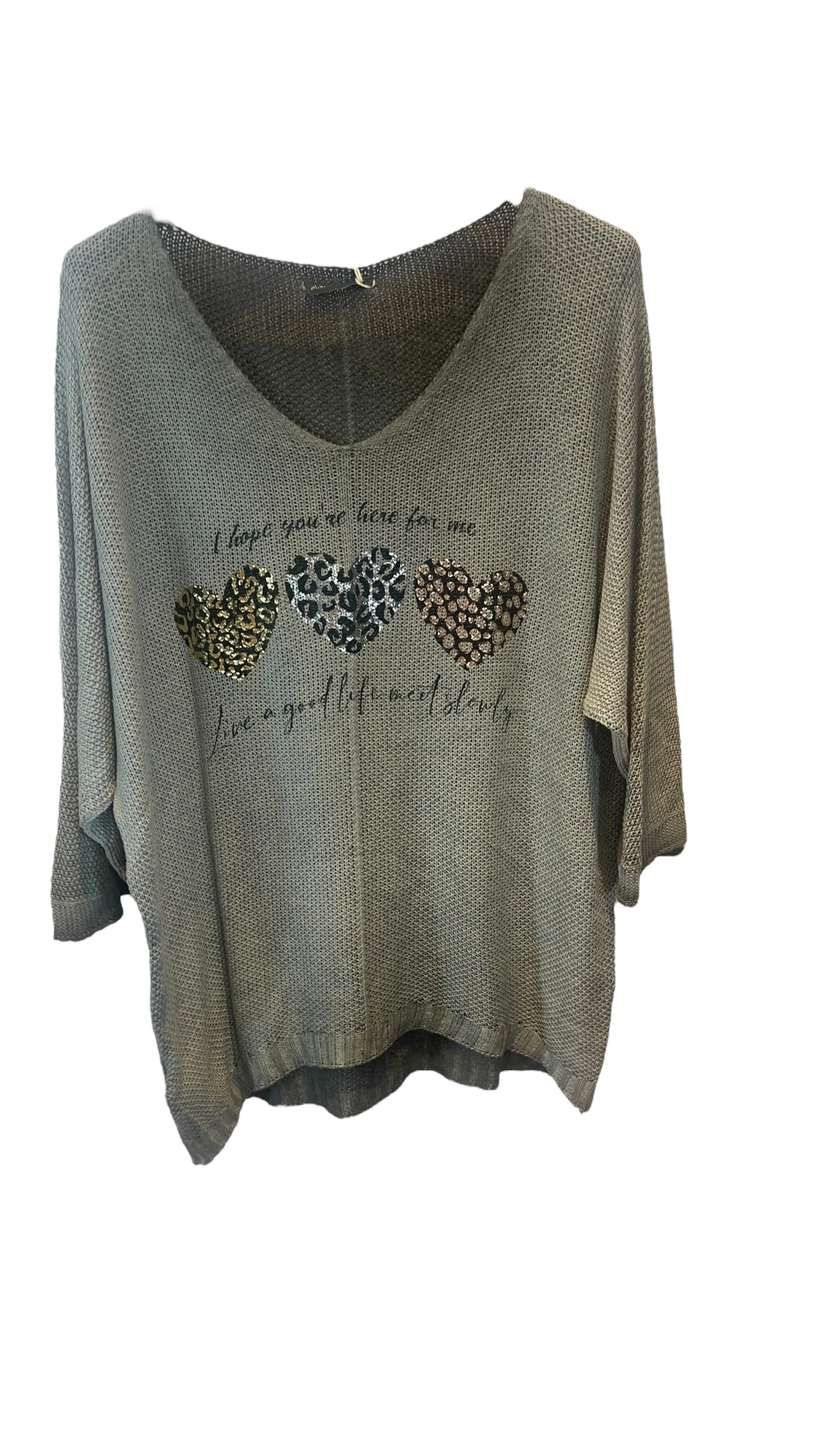 SAGE GREEN METALLIC HEART LEOPARD LOOSE OPEN KNIT SWEATER